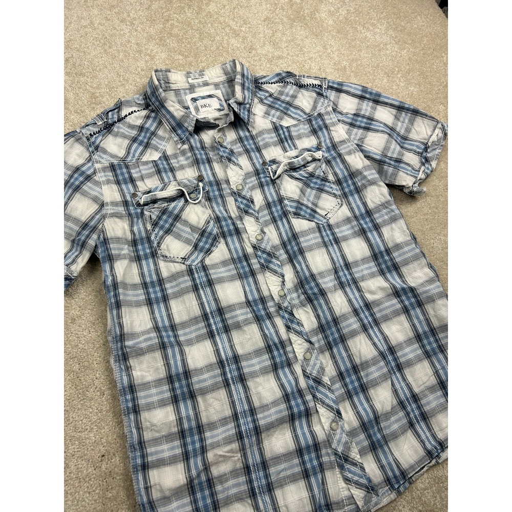 BKE Mens Athletic Fit Plaid‎ Short Sleeve Western Snap Button Shirt Blue Large